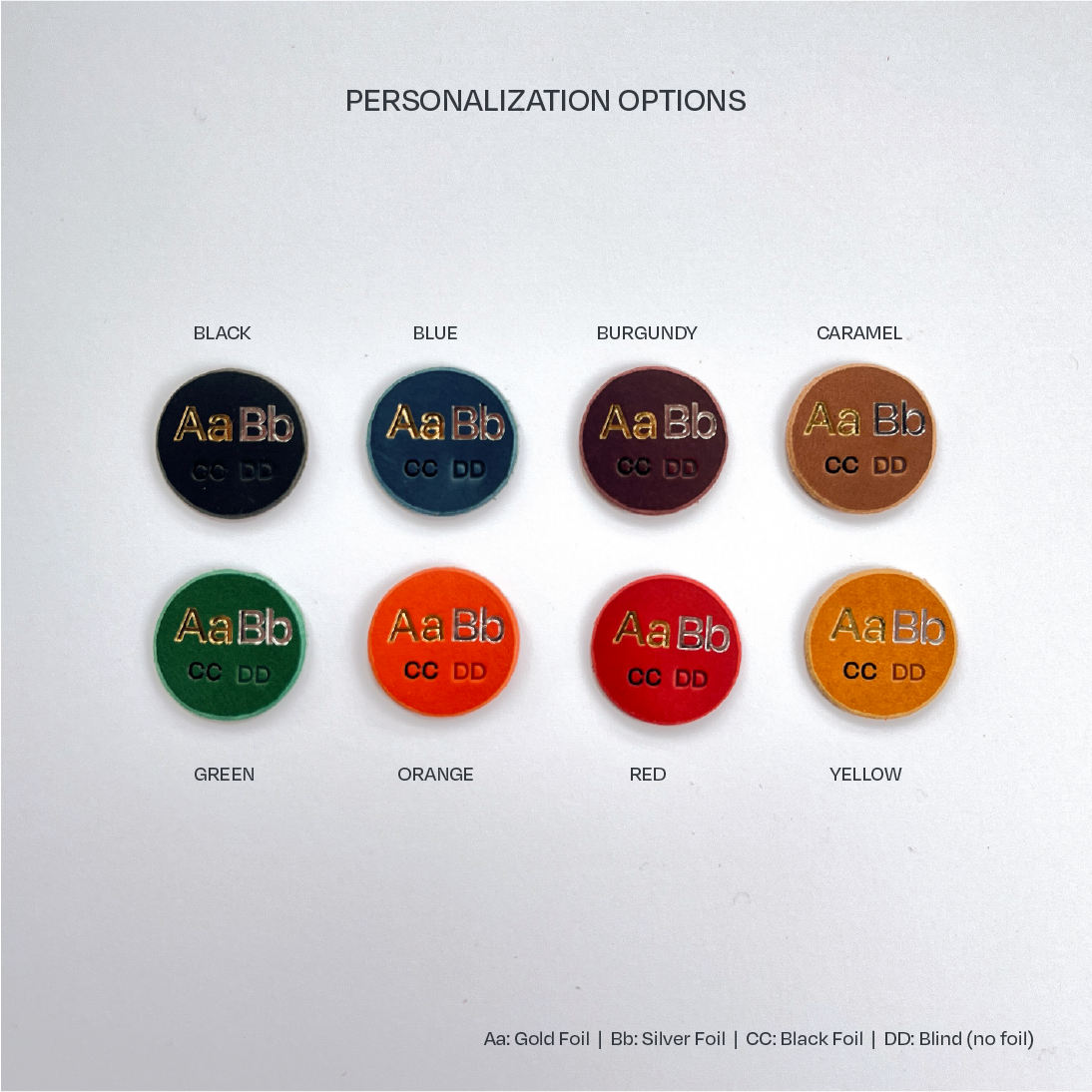 Color swatches for personalized product labels with text options on a white background.