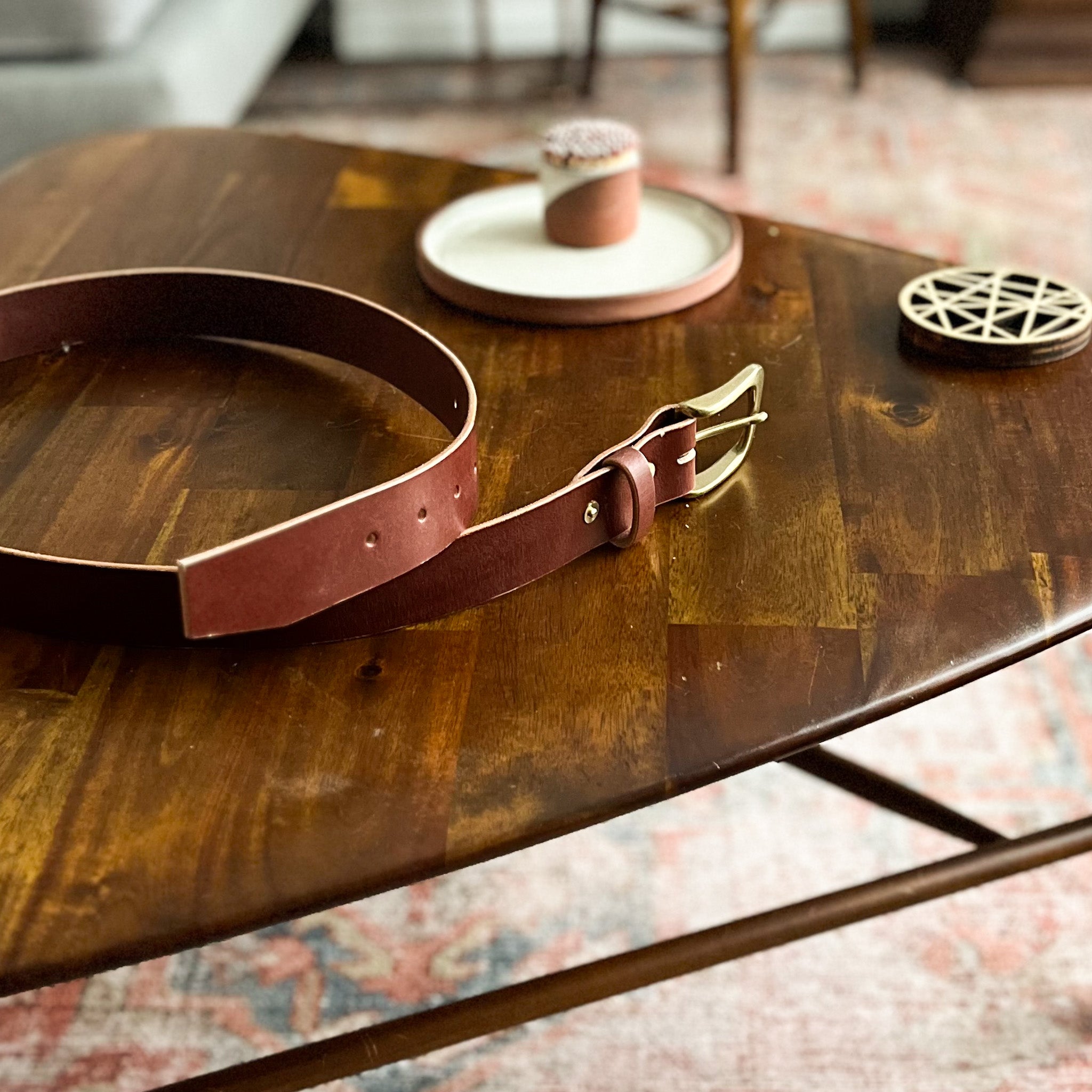 modjūl premium leather belt in wood. Handmade in Canada using Italian leather and quality hardware.