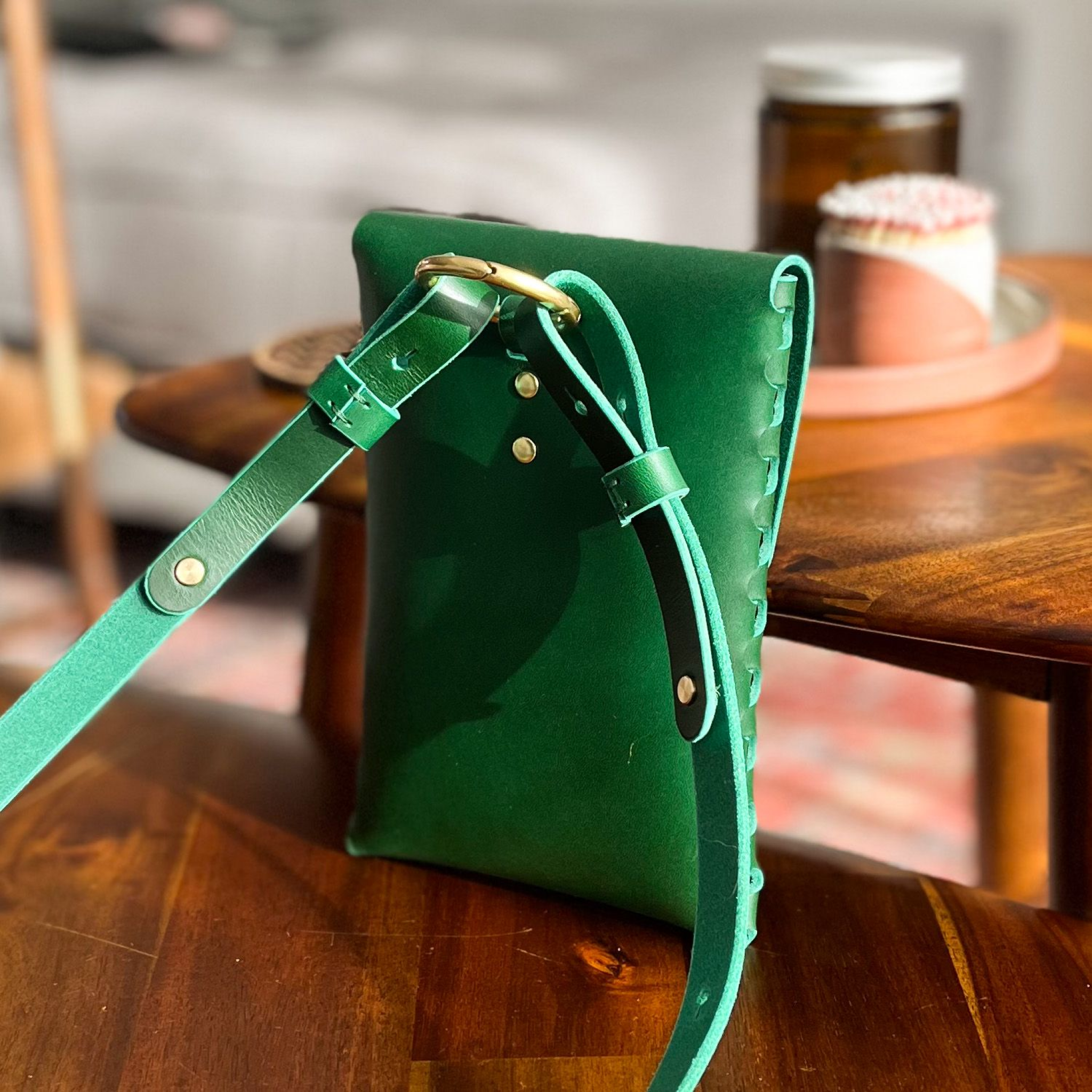 back of the capsule bag mini in green | modjul quality leather handbag