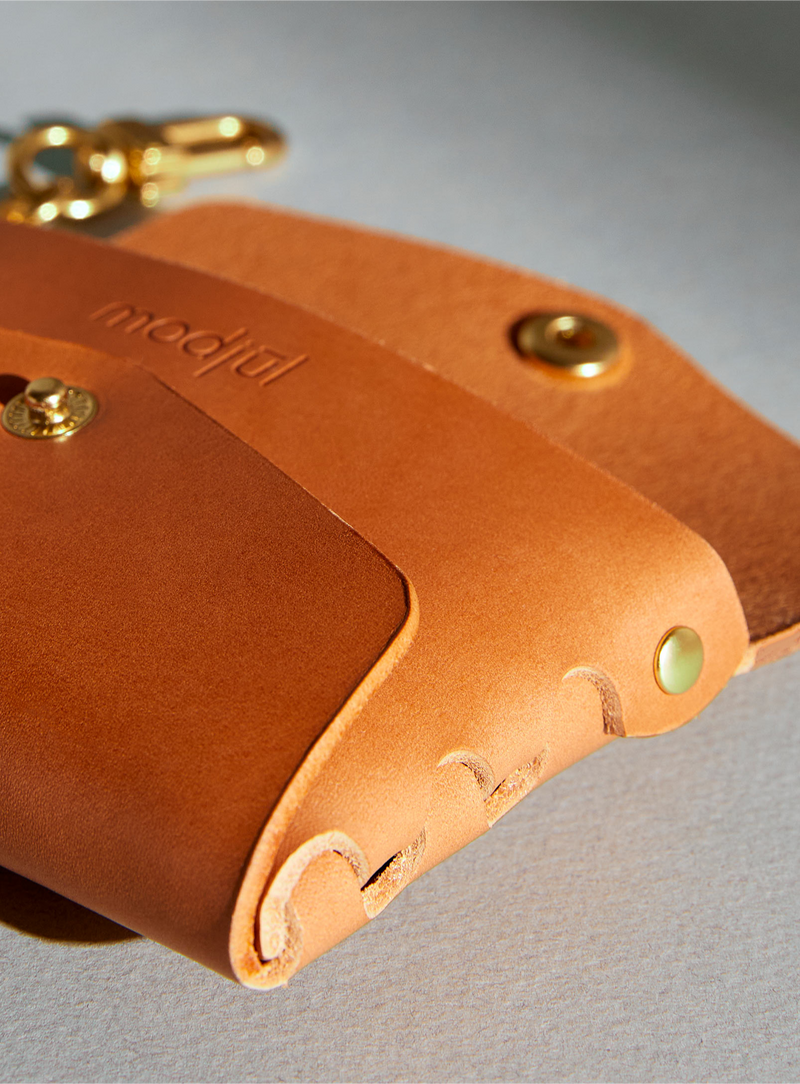 close up of modjūl leather chain pouch, made in Canada.