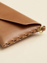 A closeup look at modjūl's signature joinery on the quality made leather mini bag. Handmade in Newfoundland Canada.