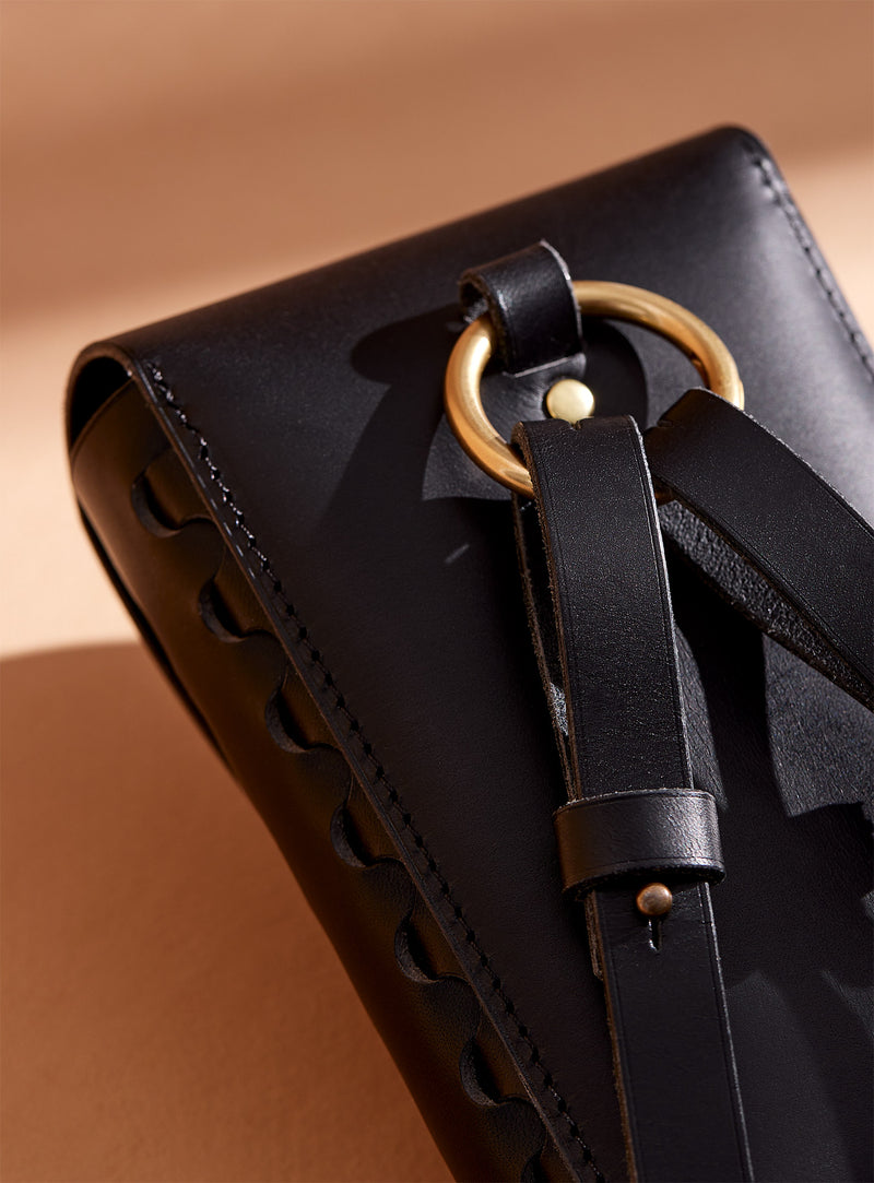 A close-up of the back of modjūl's leather capsule bag in black. Handmade in Canada.. 