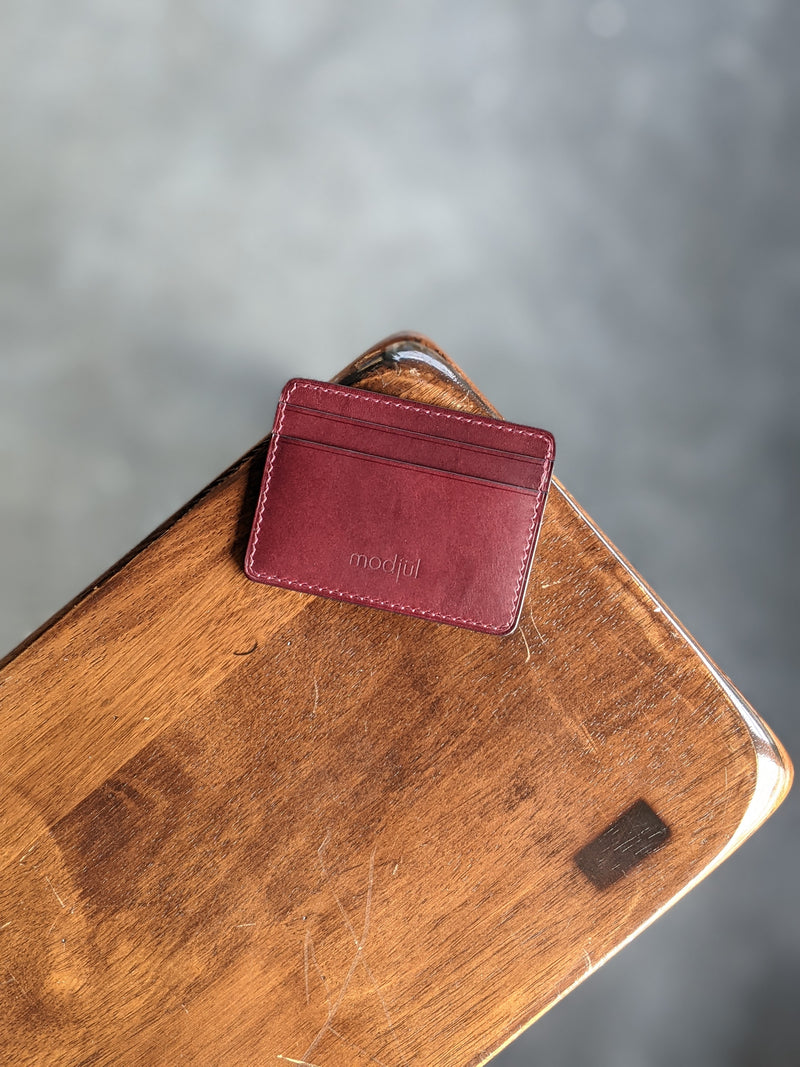 modjūl's four pocket card holder wallet in burgundy leather. Handmade in Canada.